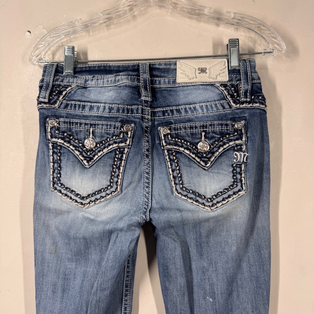 Miss Me Mid-Rise Bootcut Jeans M3867B Medium Wash Embroidered Flap Pocket 34"
